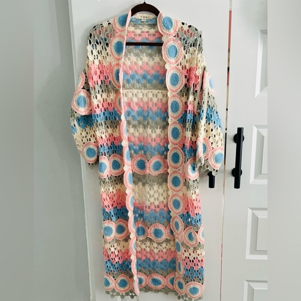 POL‎ BOHO chic Pink blue granny square Crochet Long Cardigan kimono ONE size